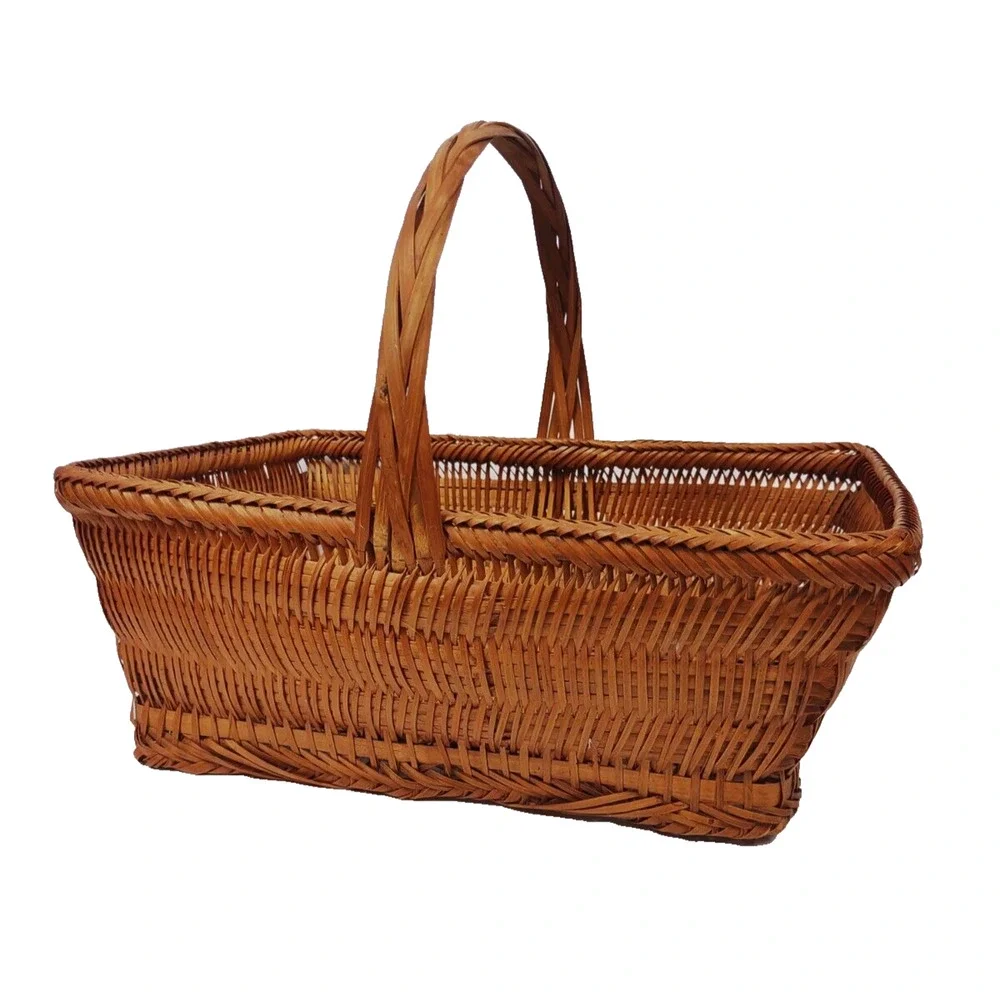 Antique Chinese Split Bamboo Handmade Woven Gathering Basket with Handle 14